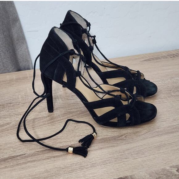 Michael Kors Shoes - Michael Kors Mirabel Black Suede Leather Strappy Wrap Tassel SZ 6 Heels Sandals